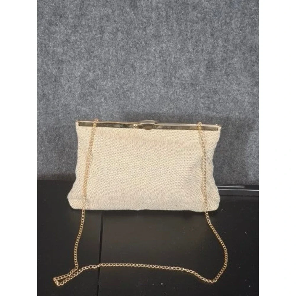 VTG Style Beige Woven Clutch Bag Gold Chain‎ Crossbody Kiss Lock Evening Purse